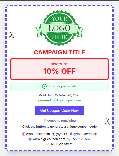 Coupon claim page with QR code and campaign details